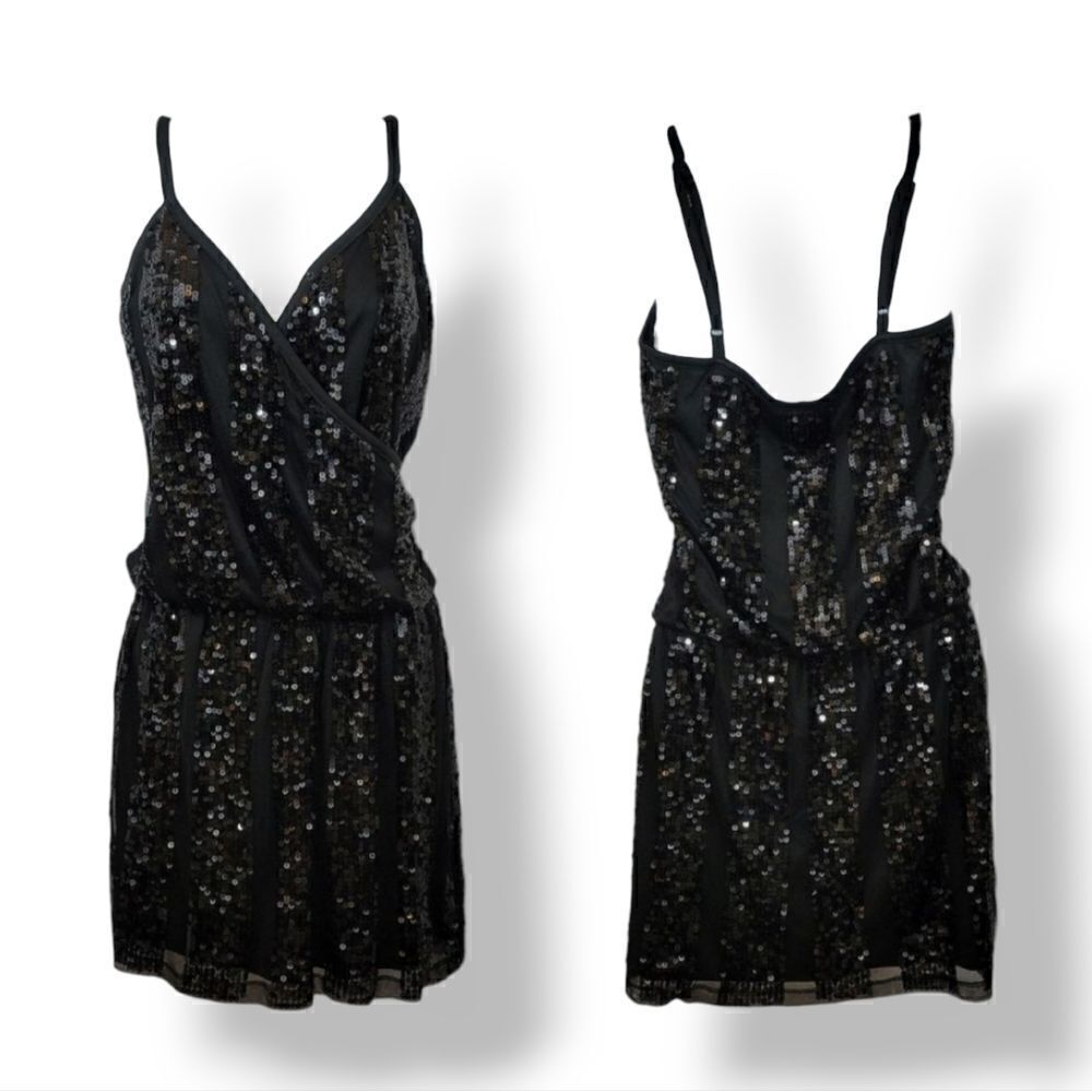 Express Sequined Embellished Striped Surplice Mini Dress in Black Size XS